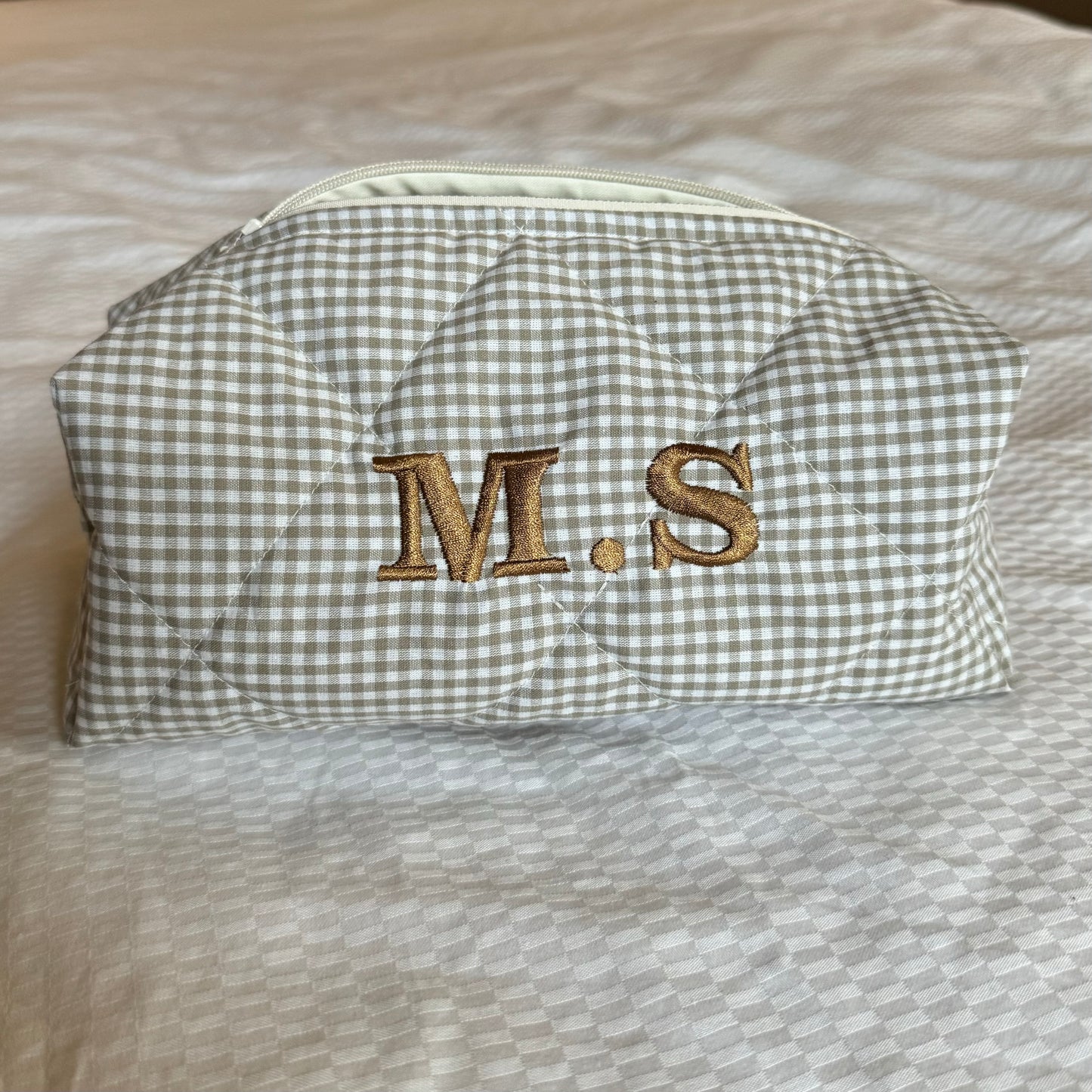 BROWN MINI GINGHAM BEAUTY BAG