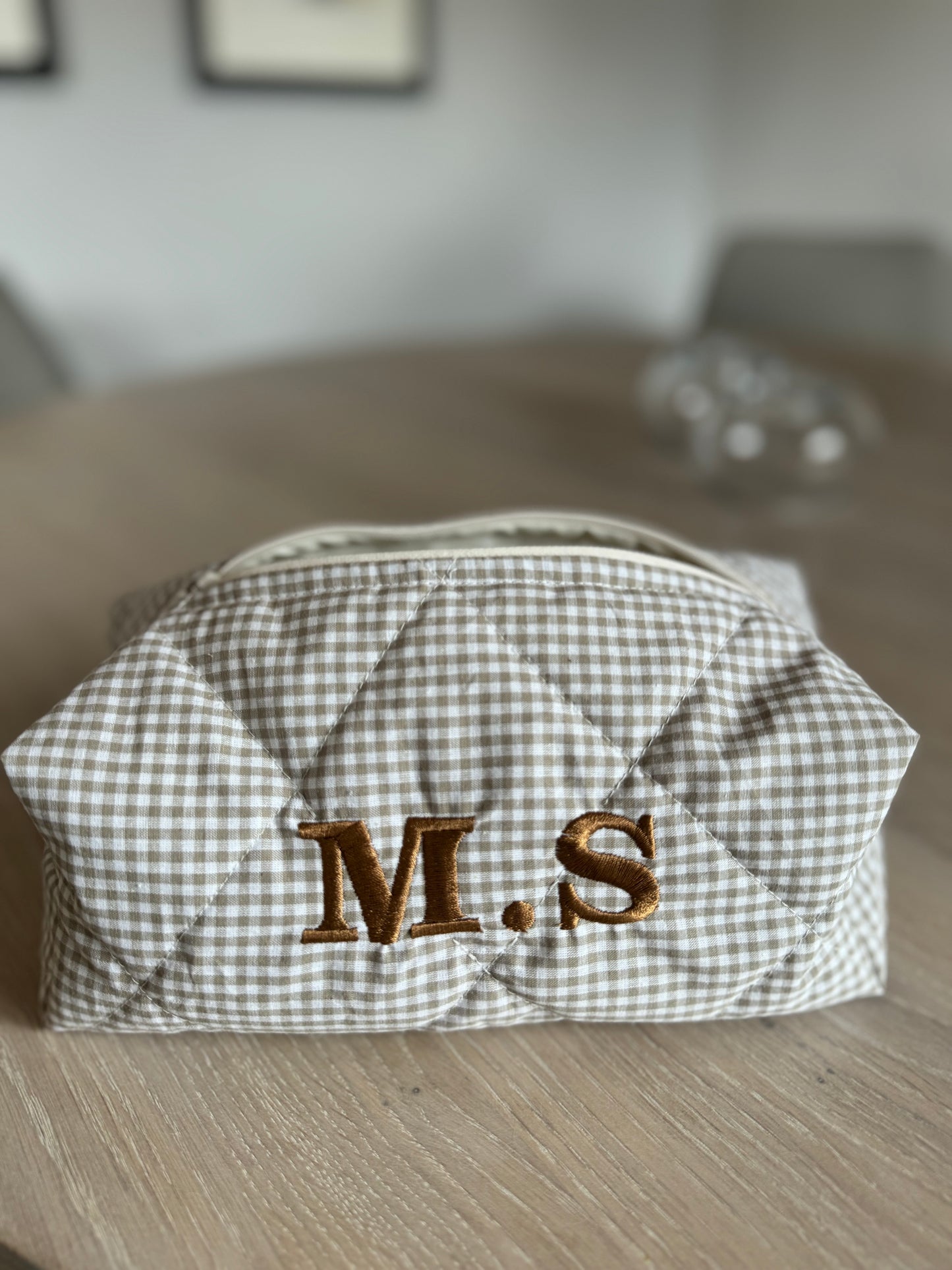 BROWN MINI GINGHAM BEAUTY BAG