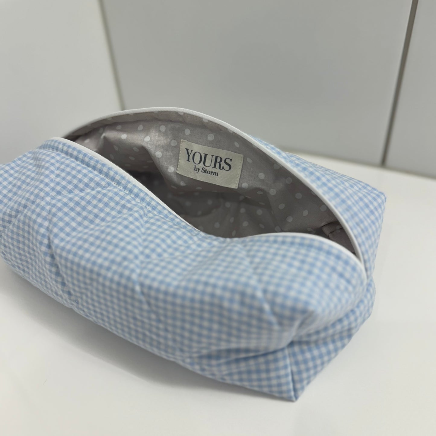 BABY BLUE MINI GINGHAM BEAUTY BAG